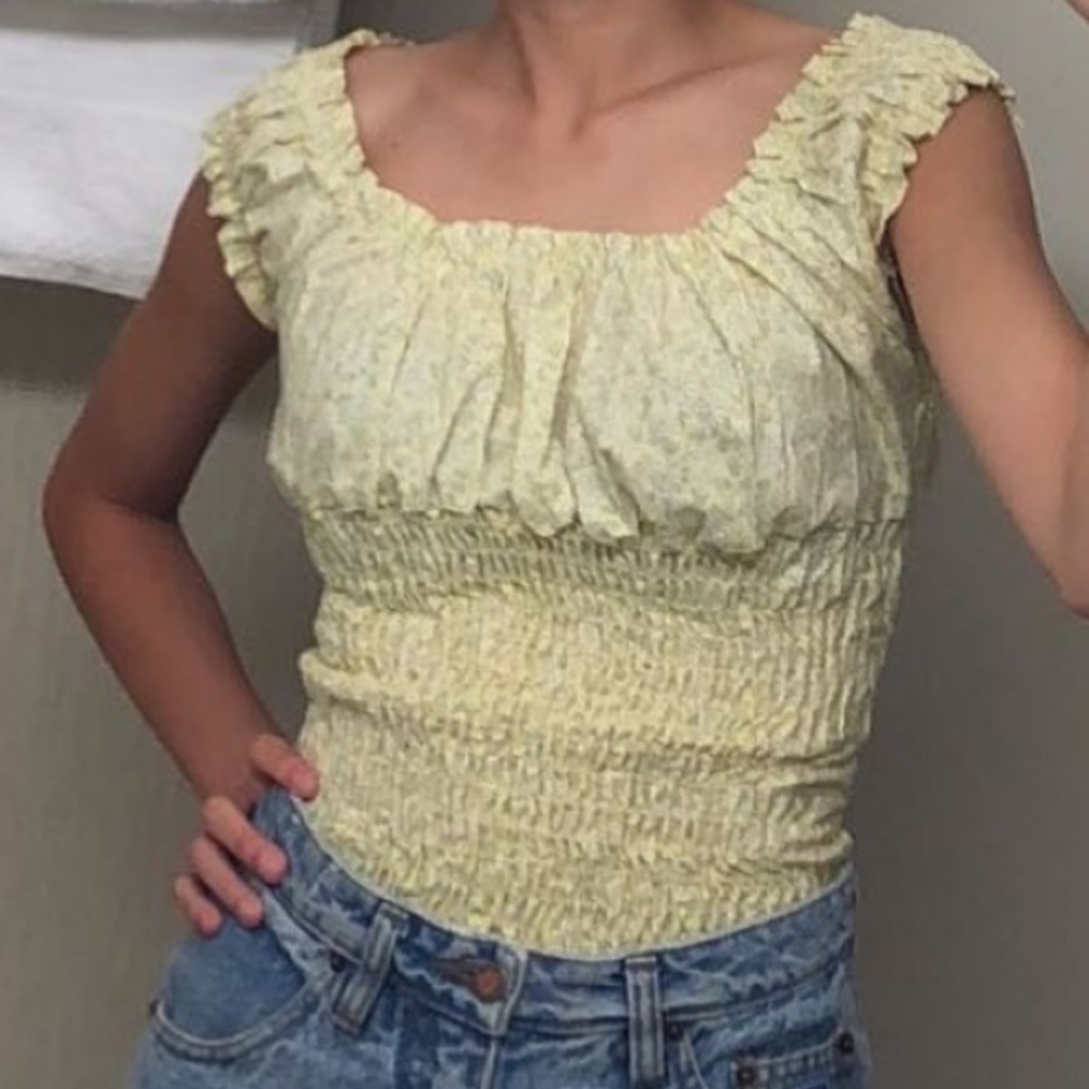 Yellow flower rouche off the shoulder top
